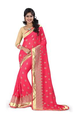 red embroidered lycra saree With Blouse 1