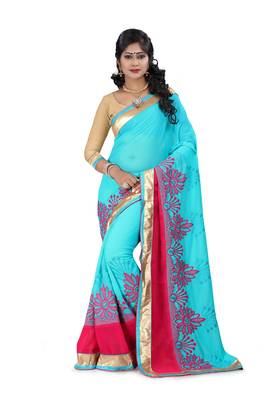 sky blue embroidered georgette saree With Blouse 1
