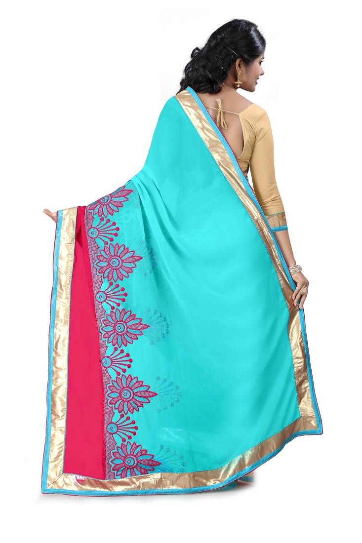 sky blue embroidered georgette saree With Blouse