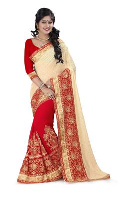 red embroidered fancy fabric saree With Blouse 1