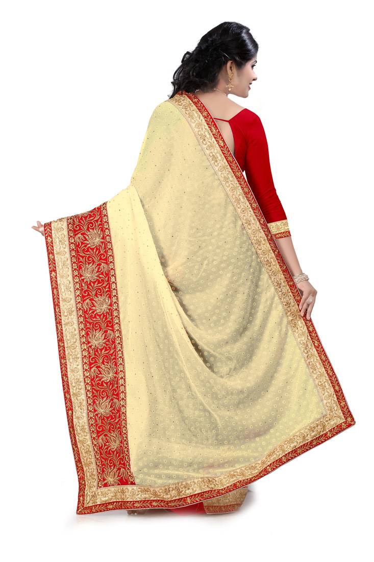 red embroidered fancy fabric saree With Blouse
