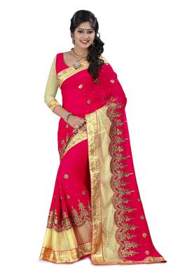 red embroidered fancy fabric saree With Blouse 1