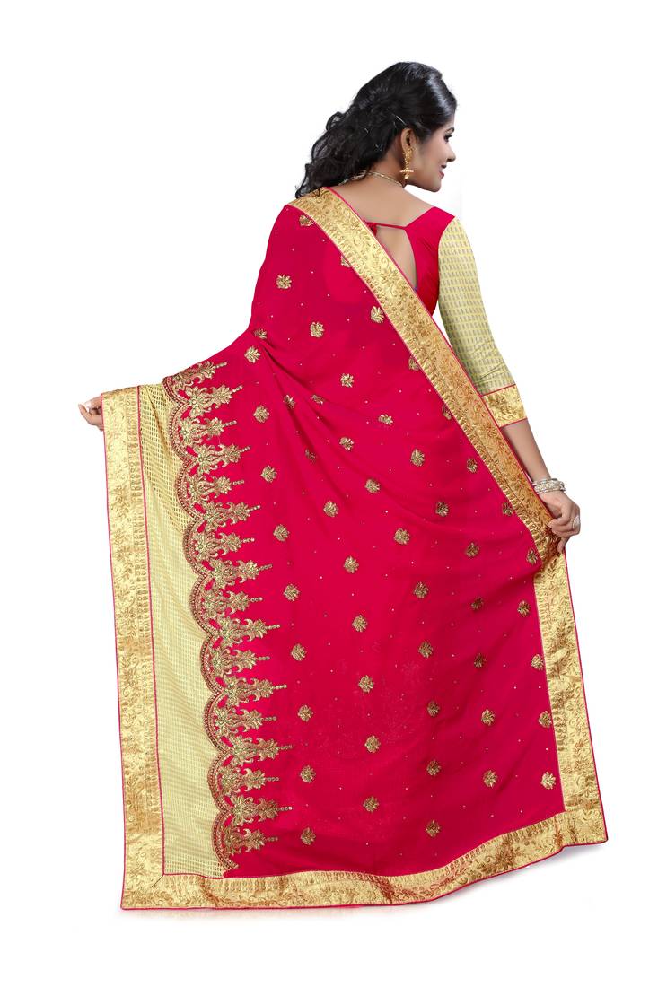red embroidered fancy fabric saree With Blouse