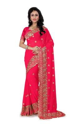 rani pink embroidered georgette saree With Blouse 1