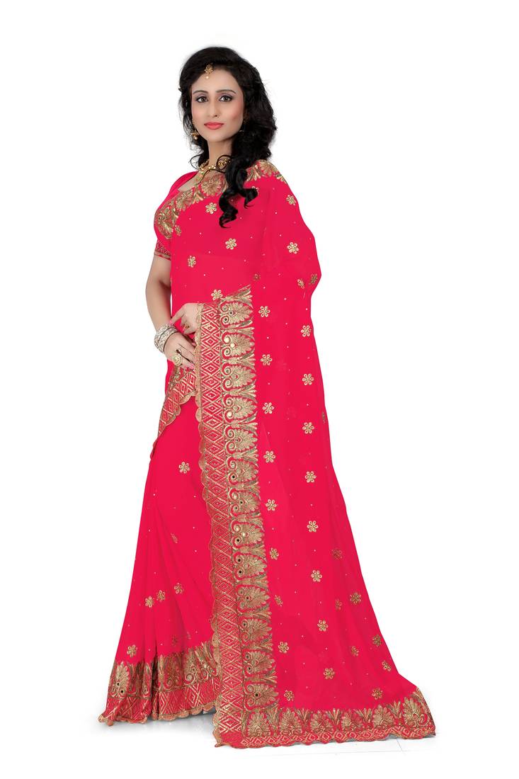rani pink embroidered georgette saree With Blouse