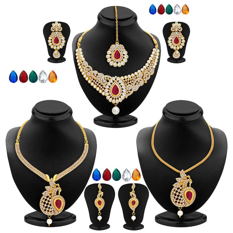 Finely Gold Plated AD Set of three Necklace Set Detachable to Pendant Set with Chain and Set