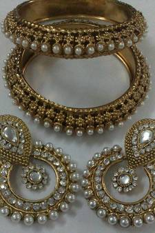 Designer Kundan Earings with Traditional Pearls Kadas 