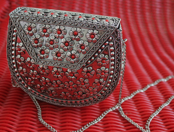 Antique Silver With Red Flowers Sling Clutch 1