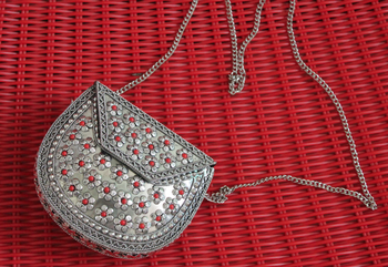 Antique Silver With Red Flowers Sling Clutch 2