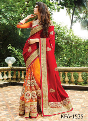 Red And Orange Embroidered Net Saree With Blouse 1