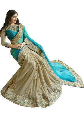 Cream And Cyan Embroidered Georgette Saree With Blouse 1
