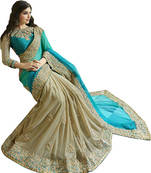 Cream And Cyan Embroidered Georgette Saree With Blouse