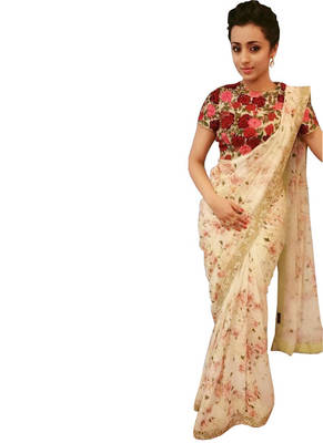 Cream And Red Embroidered Georgette Saree With Blouse 1