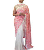 White And Pink Embroidered Georgette Saree With Blouse