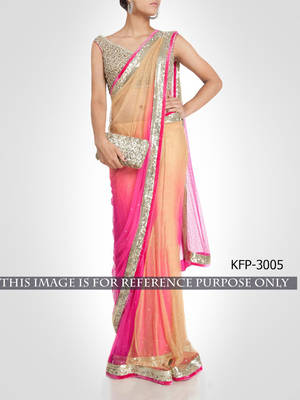 Pink And Cream Embroidered Net Saree With Blouse 1