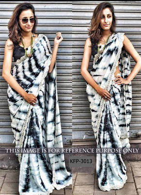 Black And White Embroidered Silk Print Saree With Blouse 1
