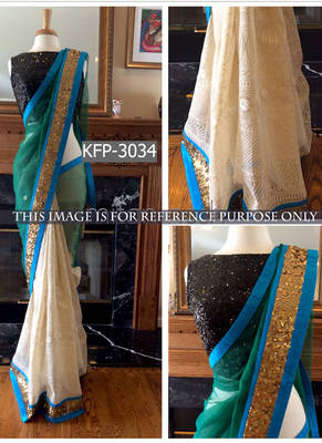 Cream And Aqua Green Embroidered Net Saree With Blouse 1