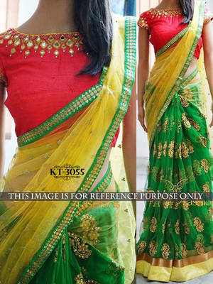 Yellow And Green Embroidered Net Saree With Blouse 1