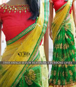 Yellow And Green Embroidered Net Saree With Blouse