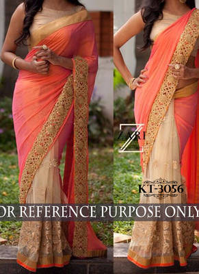 Peach Embroidered Net Saree With Blouse 1