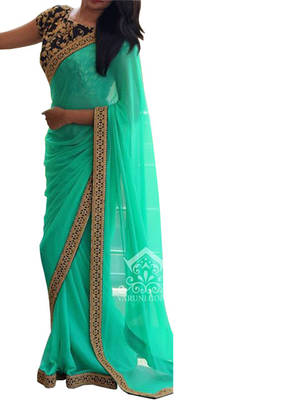 Cyan Green Embroidered Georgette Saree With Blouse 1