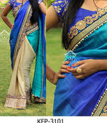 Sky And Cream Embroidered Nylon Silk Saree With Blouse