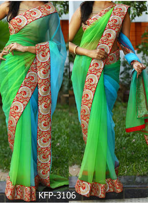 Parrot Green And Sky Embroidered Nylon Net Saree With Blouse 1