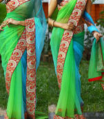 Parrot Green And Sky Embroidered Nylon Net Saree With Blouse