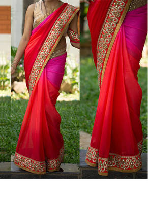 Red And Pink Embroidered Georgette Saree With Blouse 1