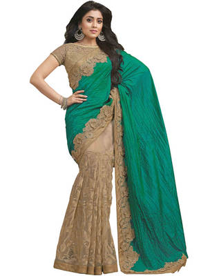 Cream And Cyan Embroidered Georgette Saree With Blouse 1