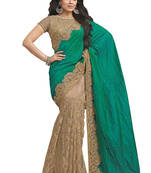 Cream And Cyan Embroidered Georgette Saree With Blouse