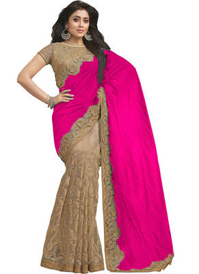 Cream And Pink Embroidered Georgette Saree With Blouse 1
