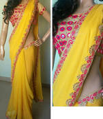 Yellow Embroidered Georgette Saree With Blouse