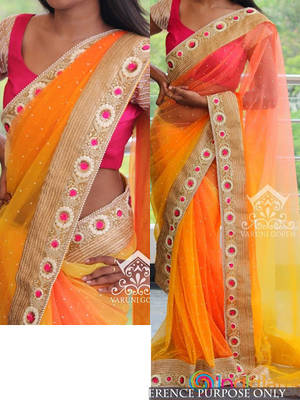 Orange And Pink Embroidered Nylon Net Saree With Blouse 1