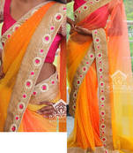 Orange And Pink Embroidered Nylon Net Saree With Blouse