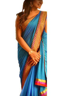Blue Embroidered Paper Silk Saree With Blouse 1