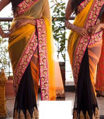 Black And Yellow Embroidered Georgette Saree With Blouse