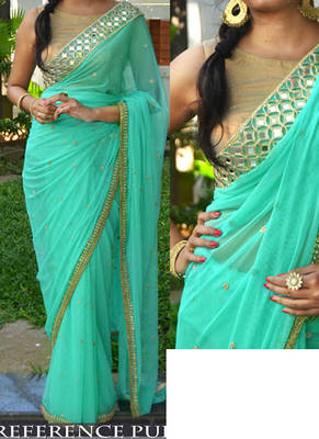 Cyan Embroidered Georgette Saree With Blouse 1