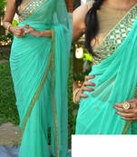 Cyan Embroidered Georgette Saree With Blouse