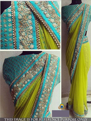 Yellow And Blue Embroidered Nylon Mono Net Saree With Blouse 1