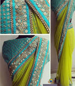 Yellow And Blue Embroidered Nylon Mono Net Saree With Blouse