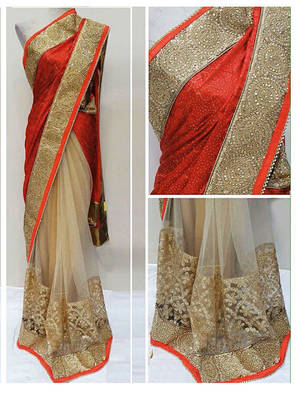 Cream And Red Embroidered Nylon Mono Net Saree With Blouse 1