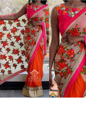 Orange And Cream Embroidered Georgette Saree With Blouse 1