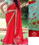 Red Embroidered Georgette Saree With Blouse