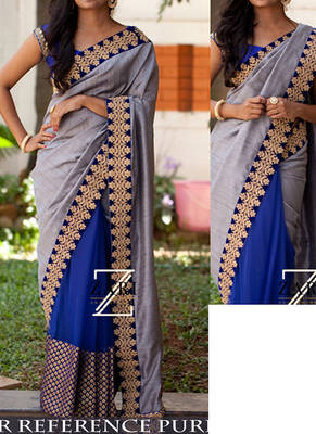 Gray And Blue Embroidered Nylon Silk Georgette Saree With Blouse 1