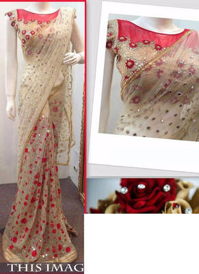 Cream And Red Embroidered Nylon Mono Net Saree With Blouse 1