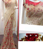 Cream And Red Embroidered Nylon Mono Net Saree With Blouse