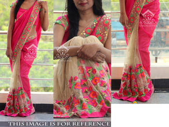 Pink And Cream Embroidered Nylon Mono Net Saree With Blouse 1