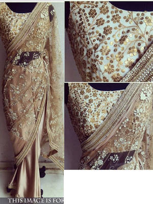 Beige Embroidered Nylon Mono Net Saree With Blouse 1