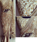 Beige Embroidered Nylon Mono Net Saree With Blouse